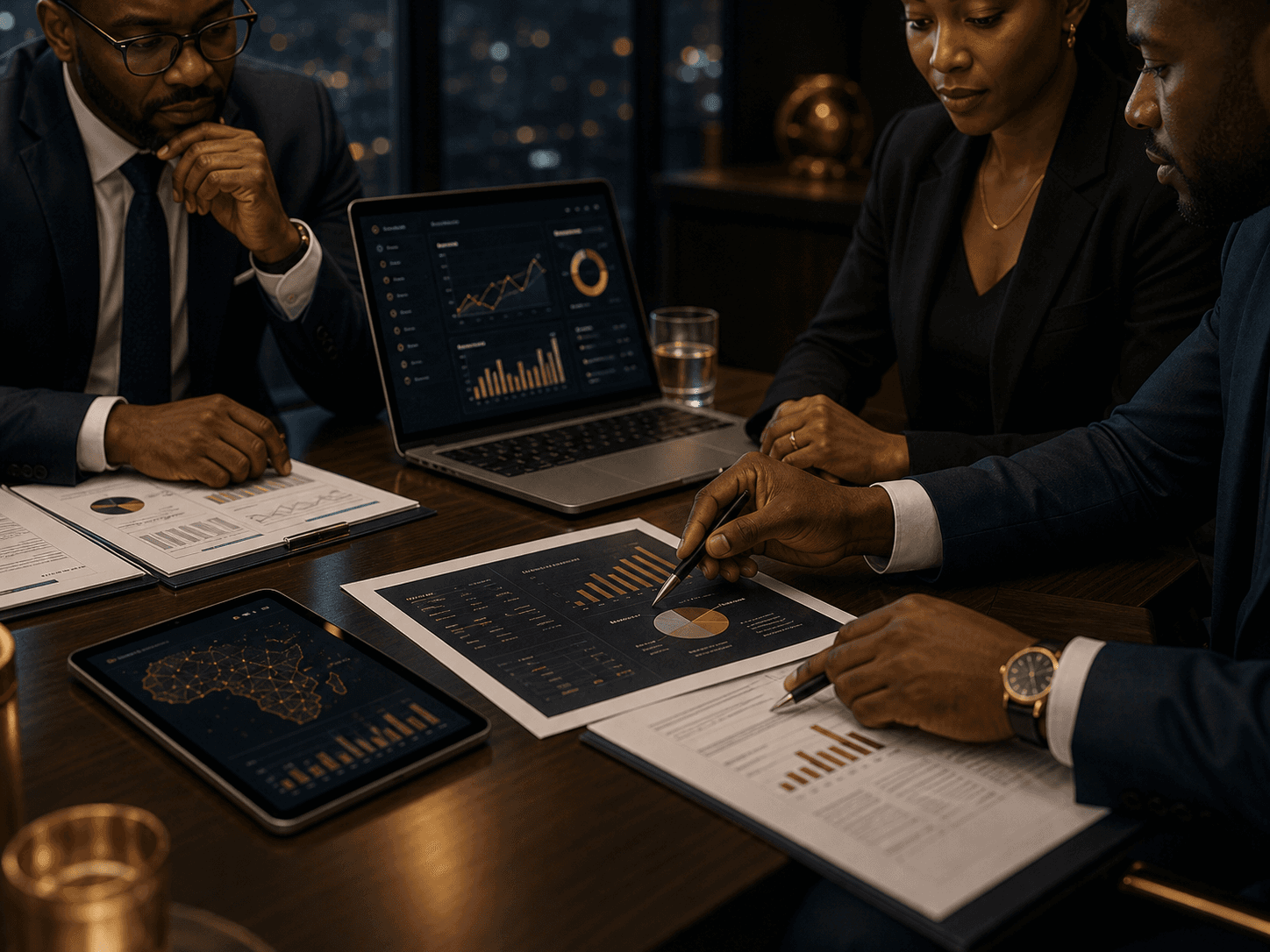 Executives reviewing reports and performance dashboards