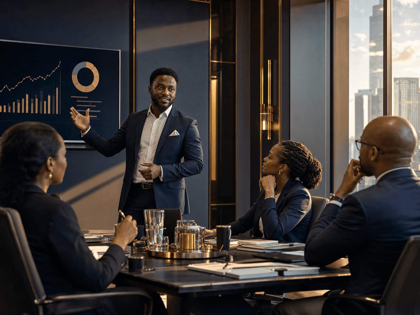 African entrepreneur presenting a growth strategy in a premium boardroom