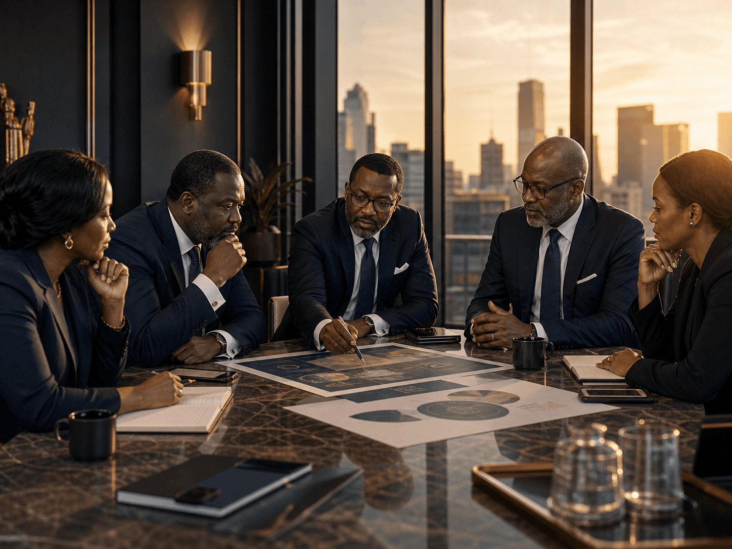 Senior African advisors reviewing a transformation roadmap at sunset