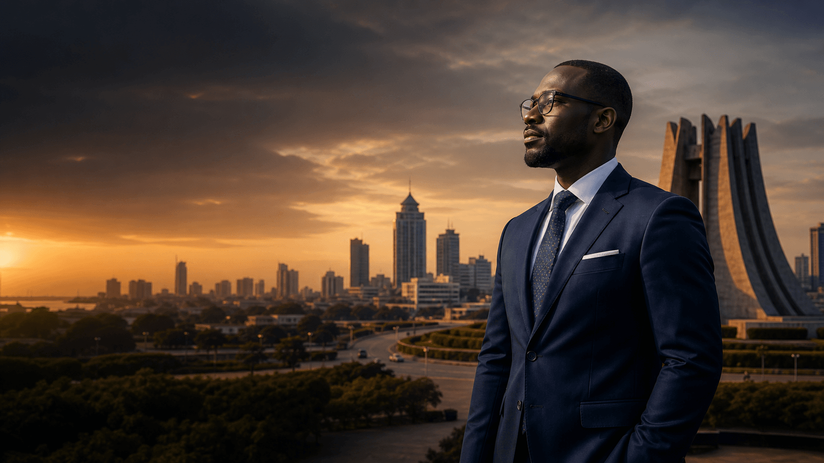 African executive leader overlooking a modern city skyline