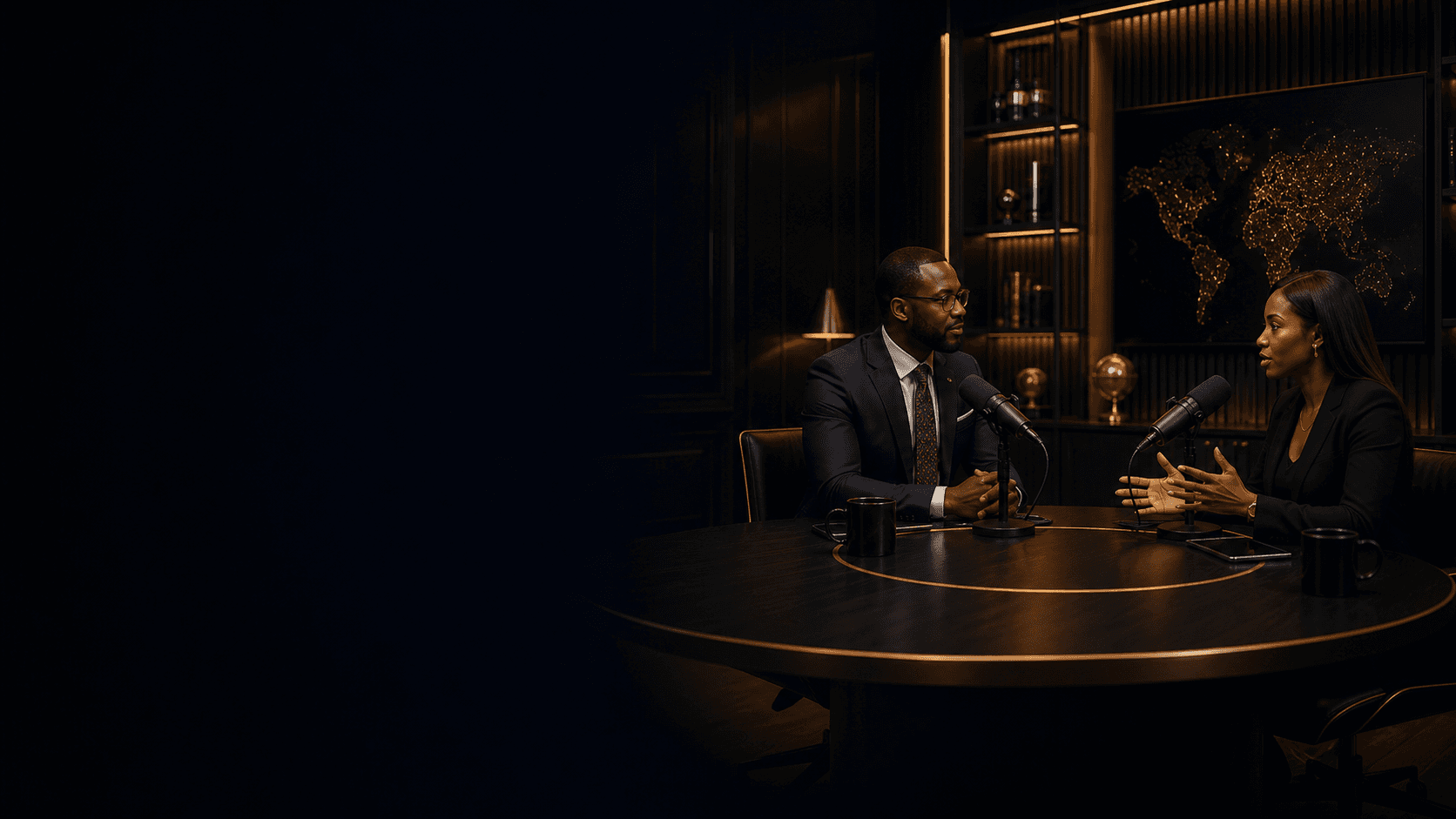 Two executives recording a premium leadership podcast